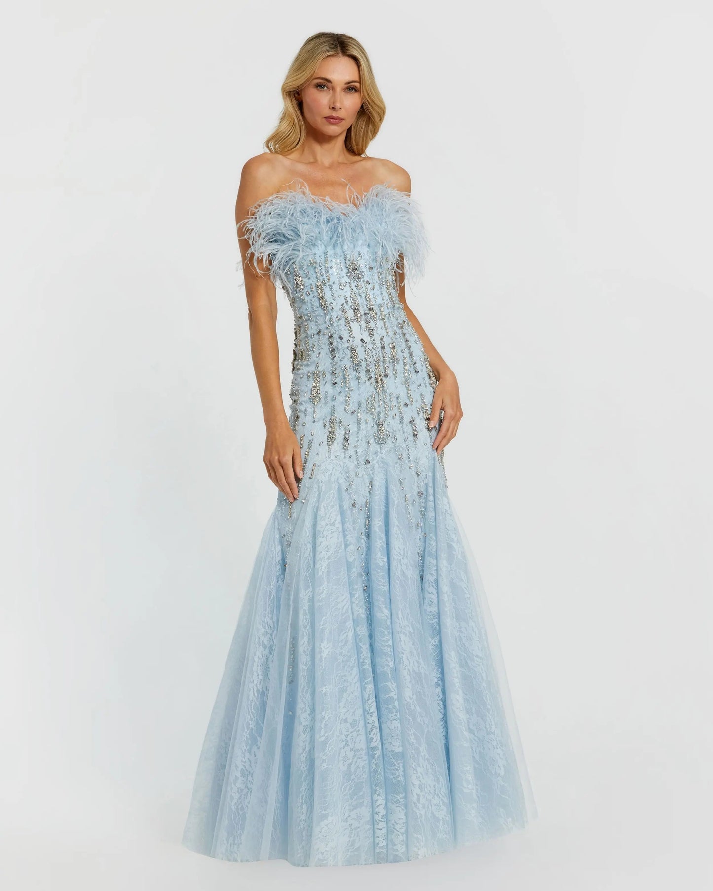Blue Feather Embellished Strapless Trumpet Gown
