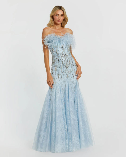 Blue Feather Embellished Strapless Trumpet Gown