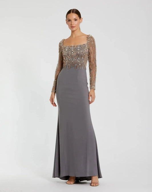 Gray Beaded Square Neck Long Sleeve Jersey Gown