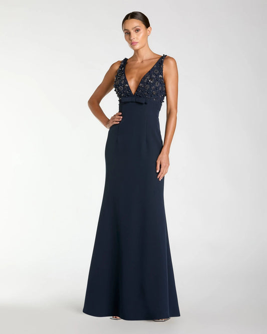 Navy Beaded V-Neck Trumpet Gown with Bow