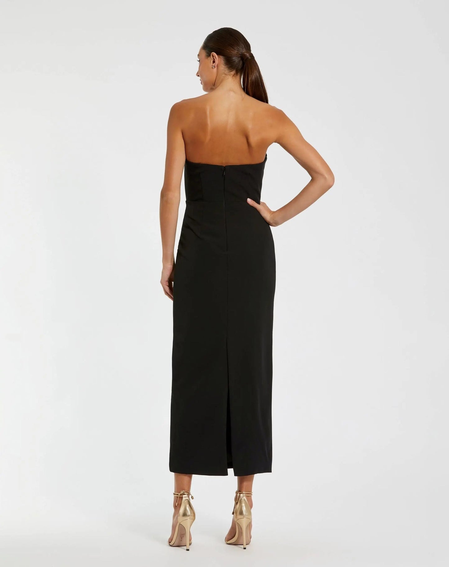 Black Strapless Crepe Dress With 3D Satin Flowers