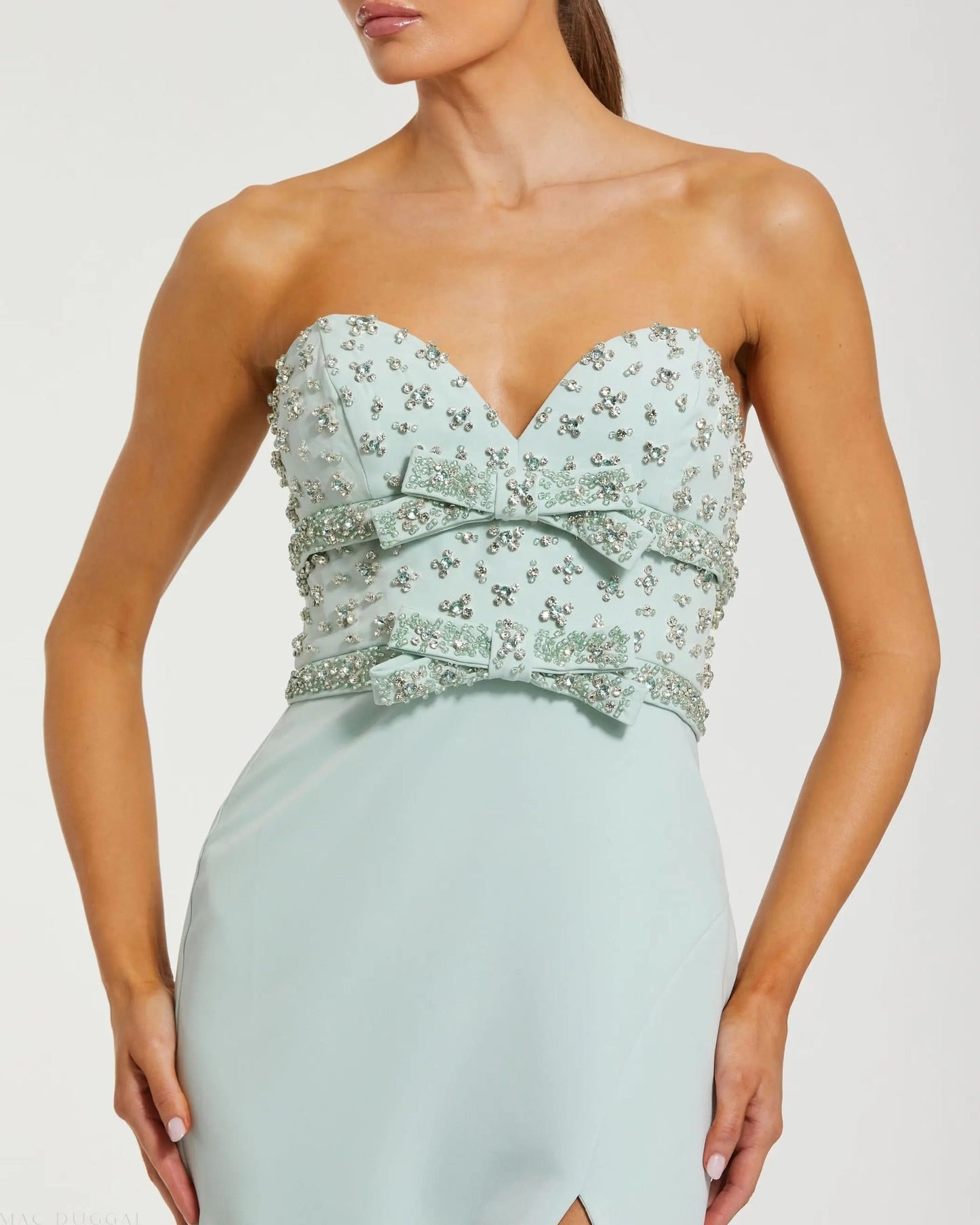 Green Strapless Rhinestone Bodice Crepe Gown