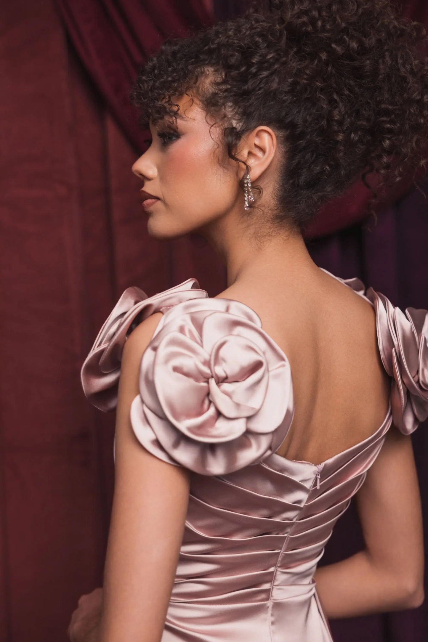 Pink Faux Wrap Satin Gown With 3D Flower Straps