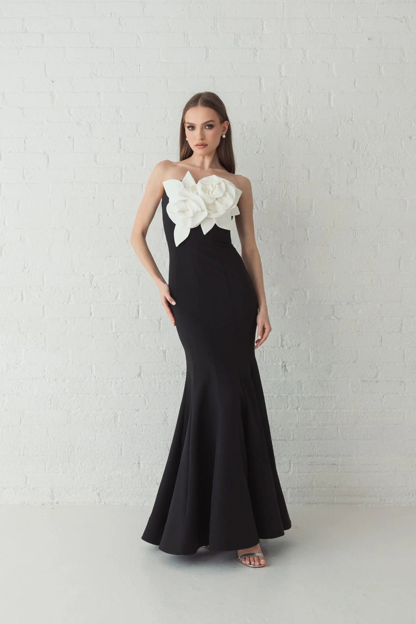 Black Strapless Crepe Mermaid Gown With 3D Flowers