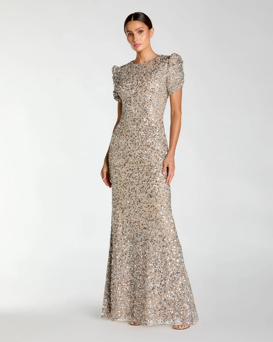 Beige Sequin Trumpet Gown with Puff Sleeves