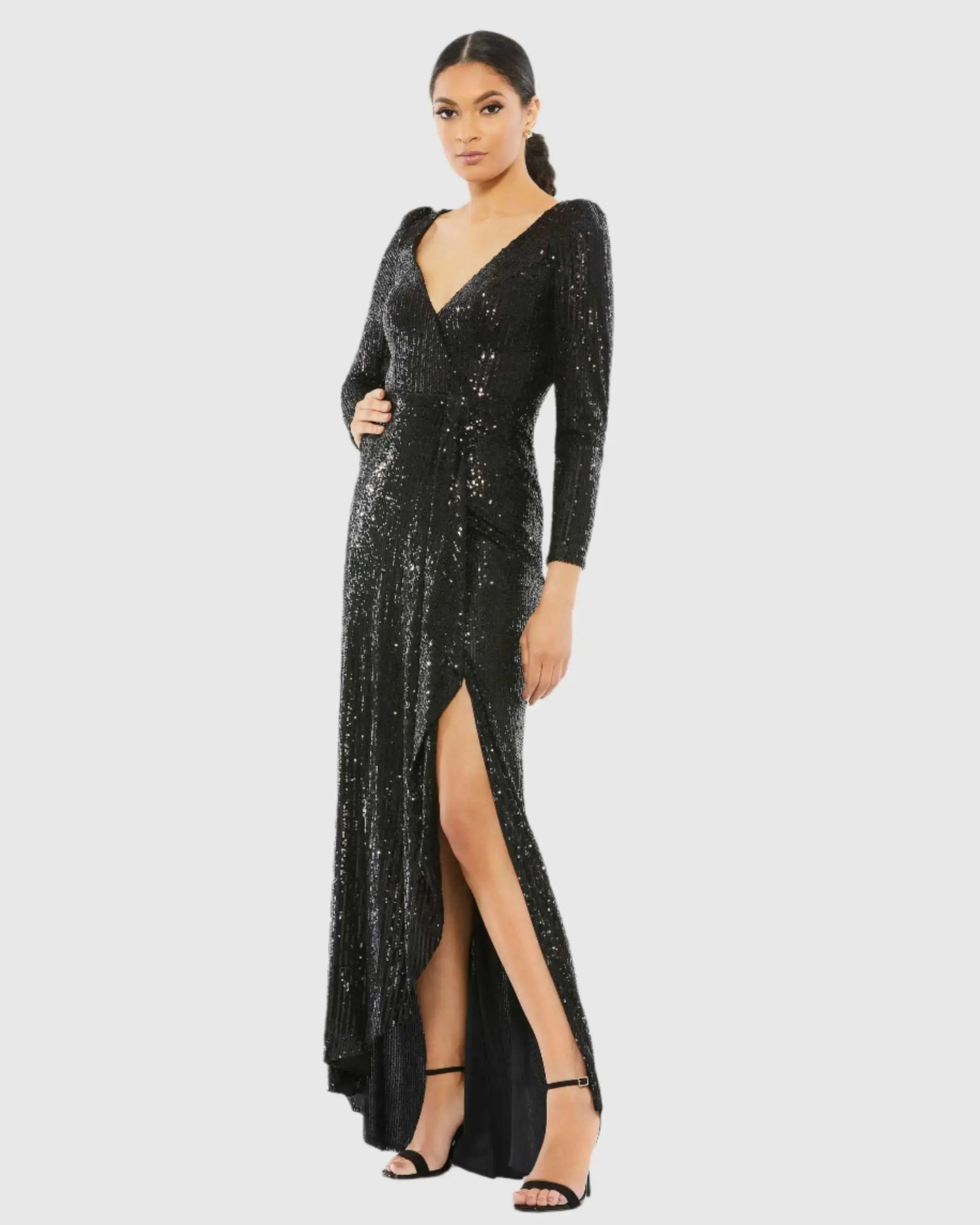 Black Faux Wrap Long Sleeve Sequin Gown