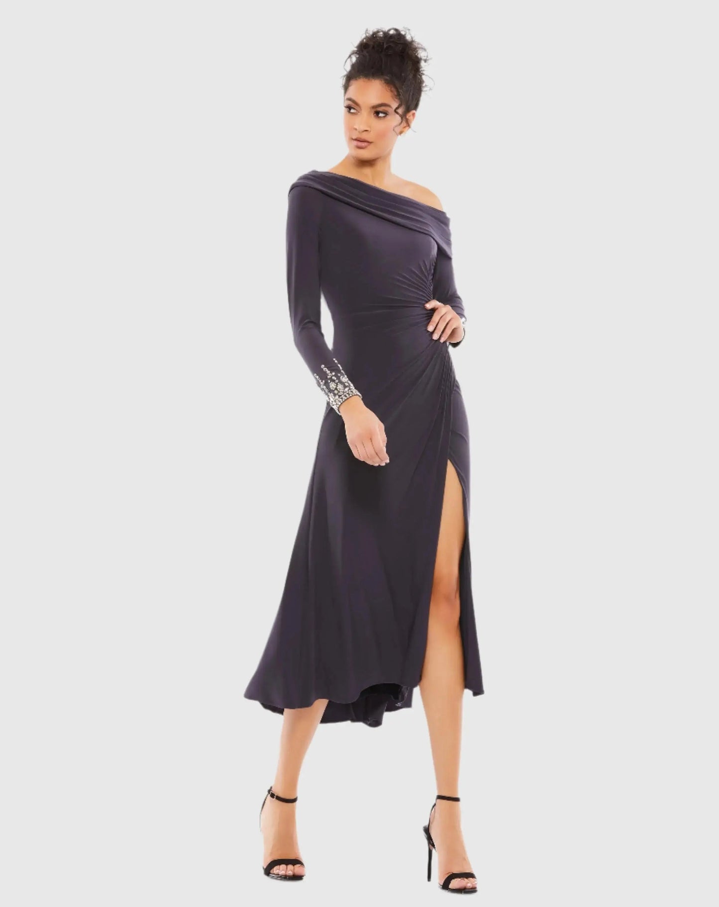 Purple Foldover Long Sleeve Jeweled Midi Dress