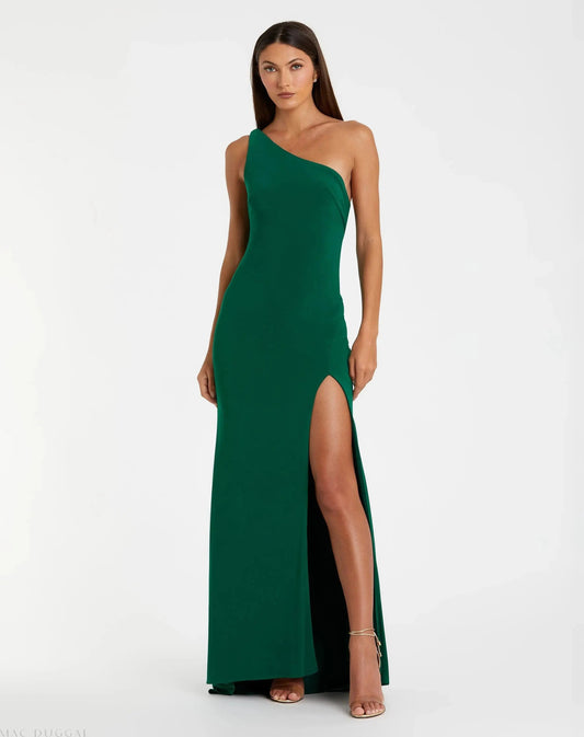 Green Jersey One Shoulder Draped Back Gown
