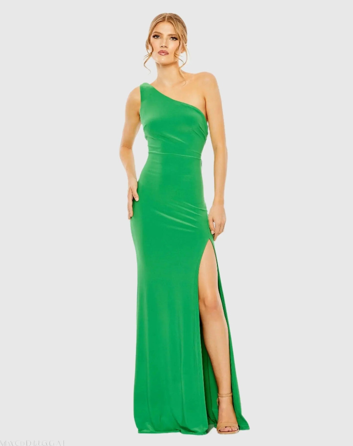 Green Jersey One Shoulder Draped Back Gown - FINAL SALE