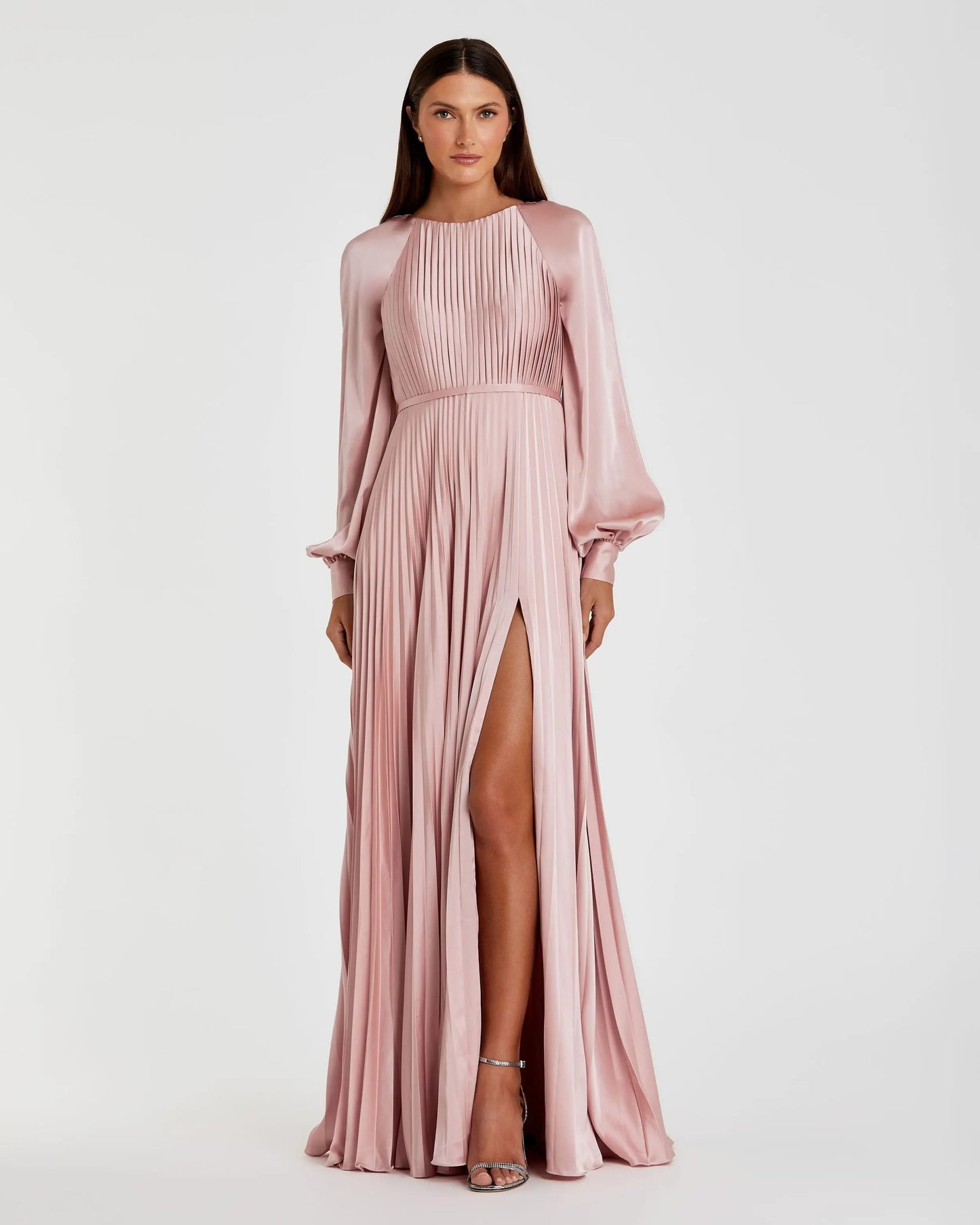Pink Pleated High Neck Raglan Long Sleeve Side Slit Gown