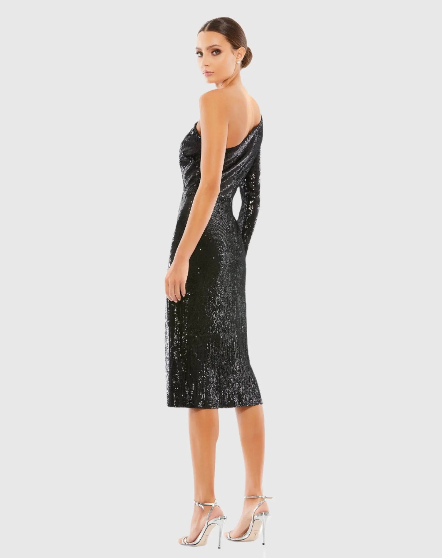 Black Ruched Sequined One Shoulder Midi Dress