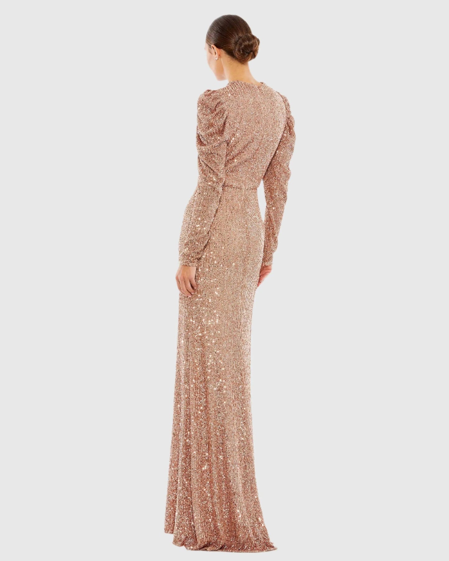 Pink Sequined High Neck Puff Long Sleeve Column Gown
