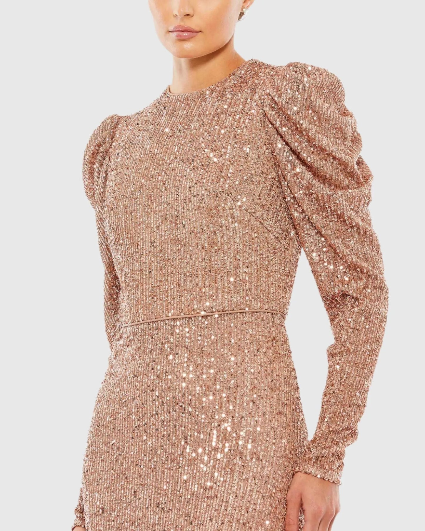 Pink Sequined High Neck Puff Long Sleeve Column Gown