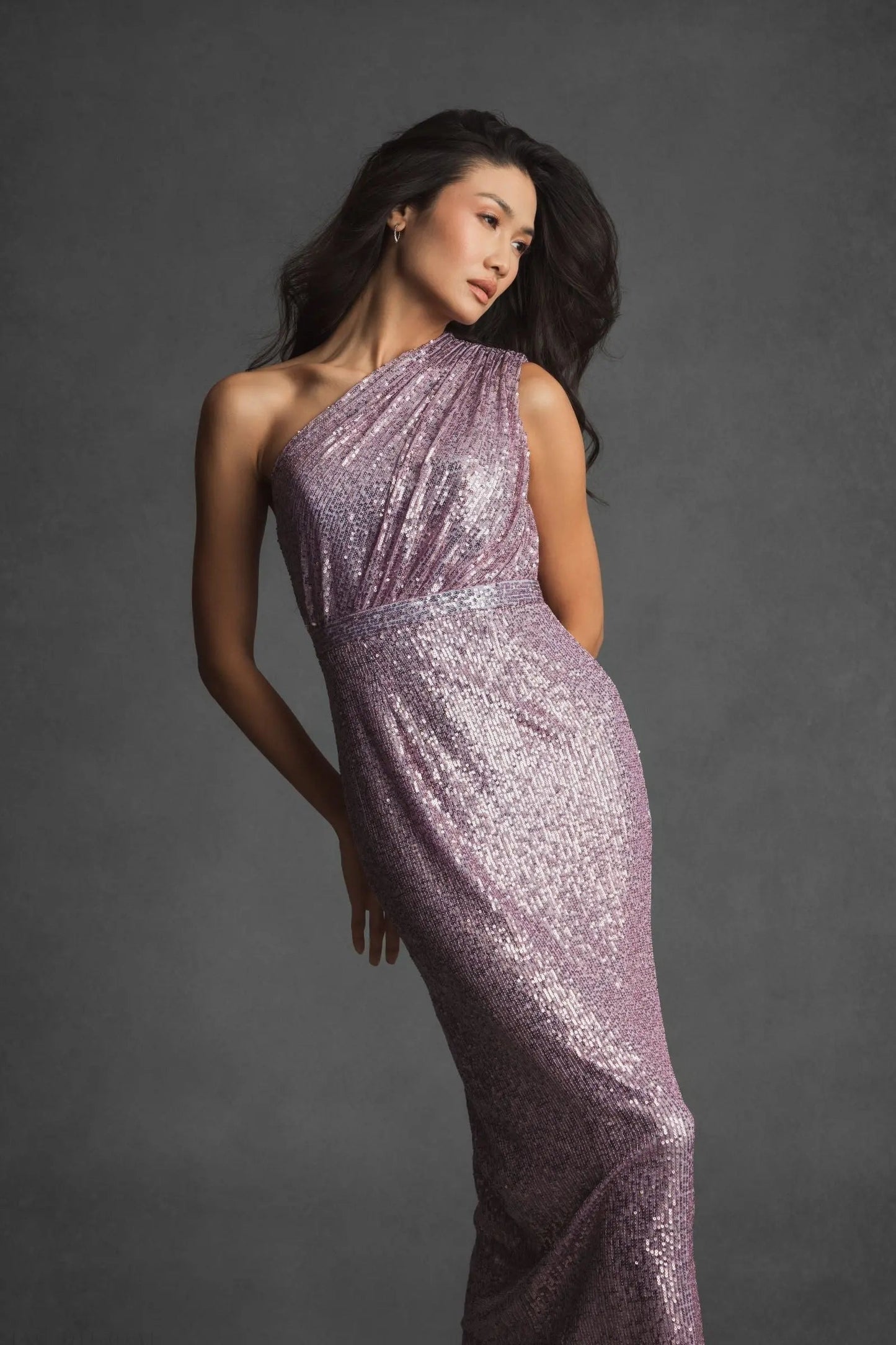 Purple Sequined Ruched One Shoulder Gown