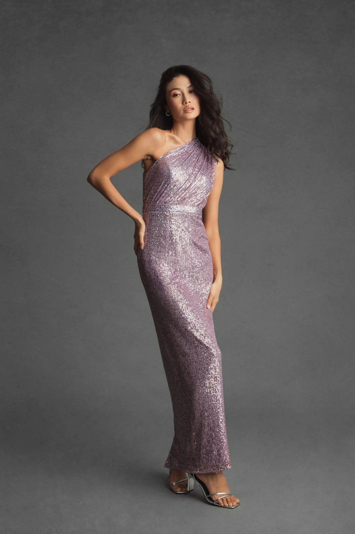 Purple Sequined Ruched One Shoulder Gown