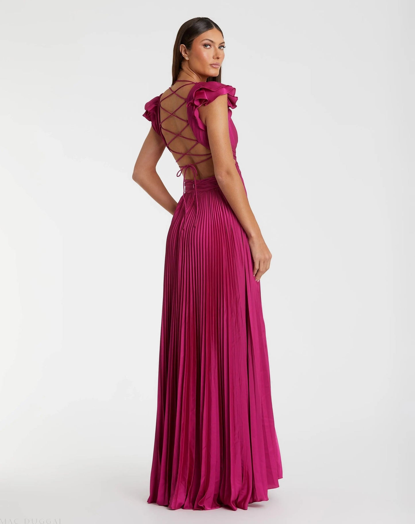 Fuchsia Pleated Ruffled Cap Sleeve Cut Out Lace Up Gown - FINAL SALE