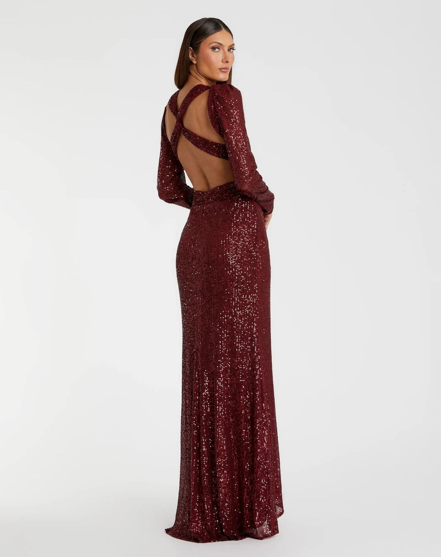 Red Sequined Criss Cross Long Sleeve Gown
