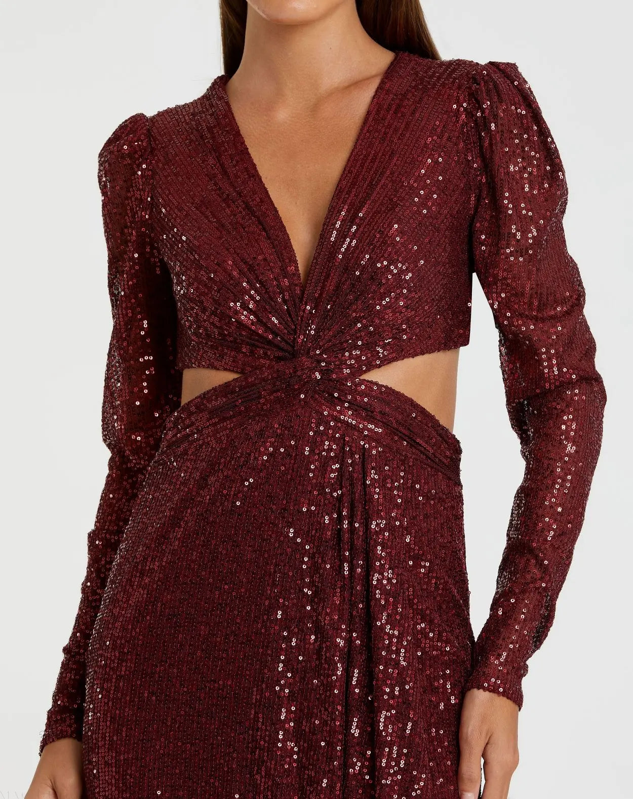 Red Sequined Criss Cross Long Sleeve Gown