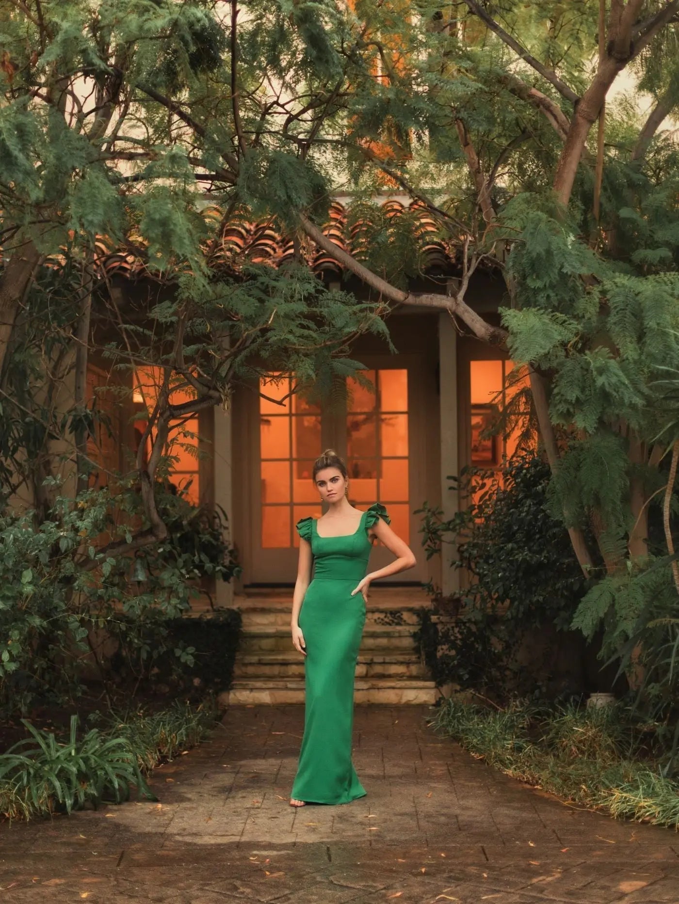 Green Ruffle Cap Sleeve Open Back Column Gown