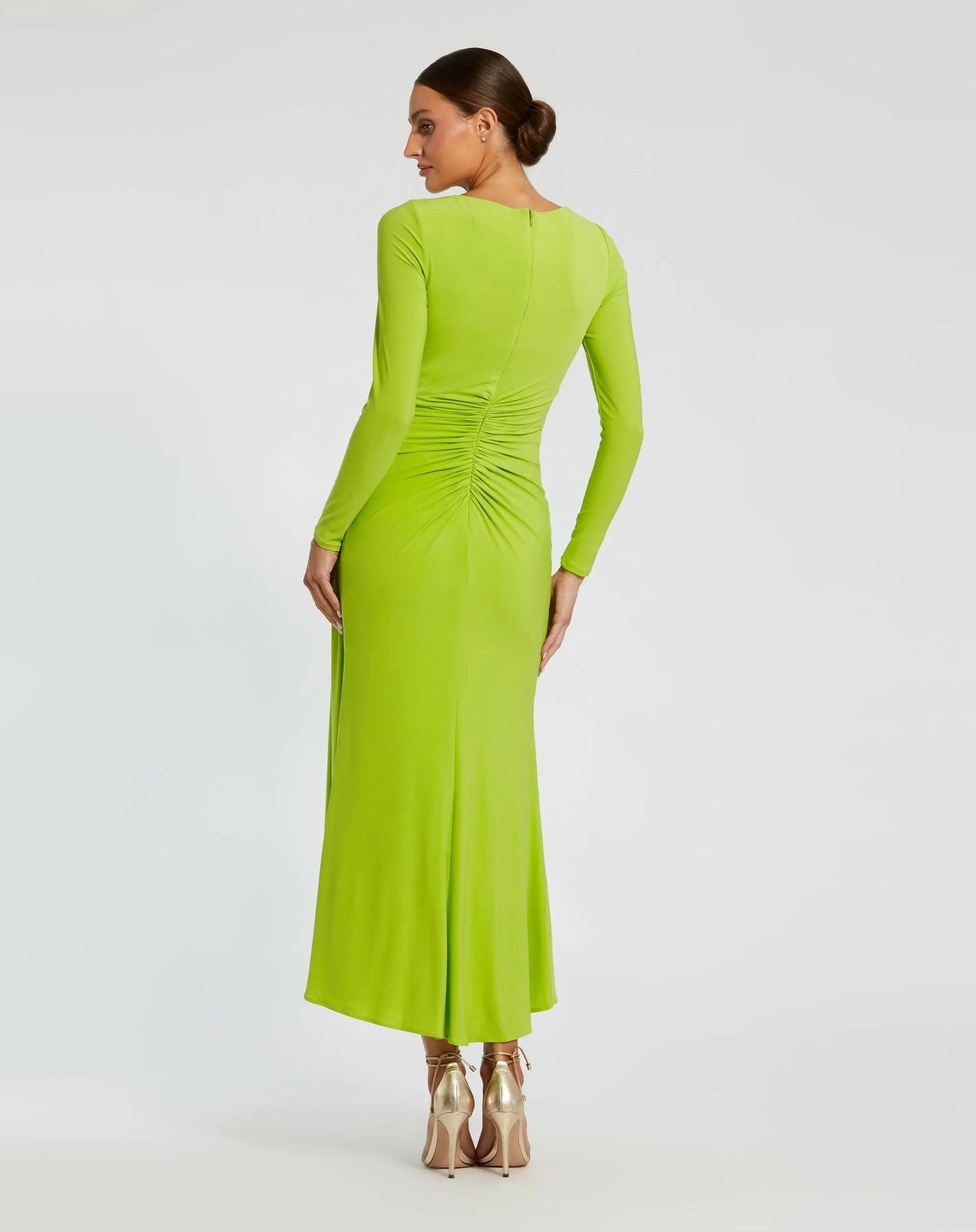 Green Ruched Long Sleeve Ruffle Hem Dress