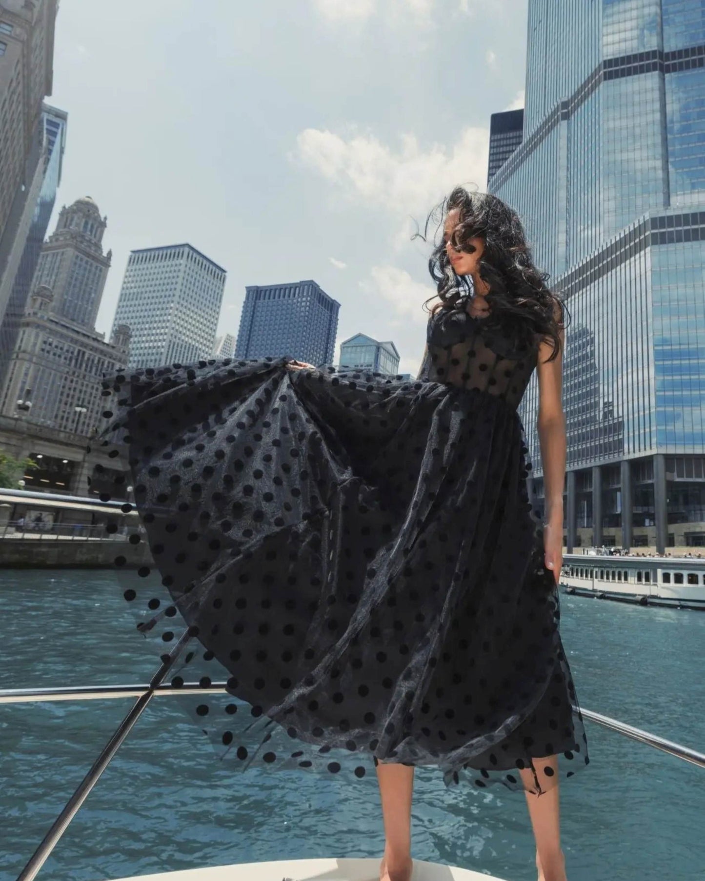 Black Polka Dot Tulle A-Line Midi Dress