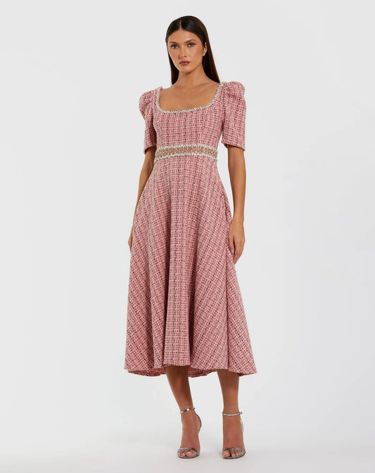 Pink Puff Sleeve Boucle Midi Dress With Beaded Belt
