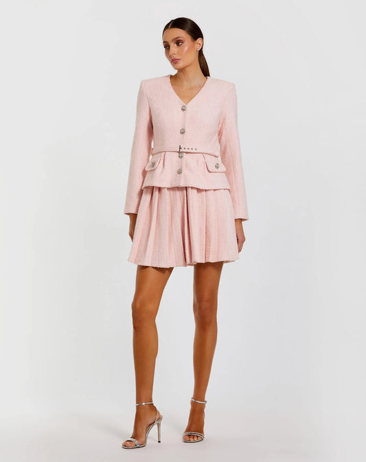 Light Pink Boucle Long Sleeve V-Neck Mini Dress