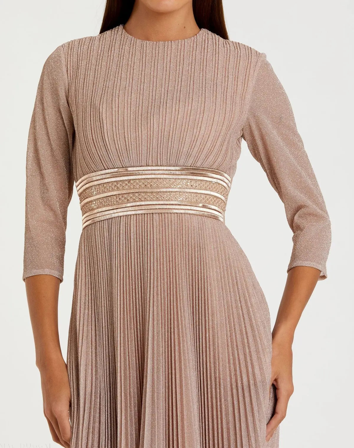 Pink Shimmering 3/4 Sleeve A-Line Midi Dress