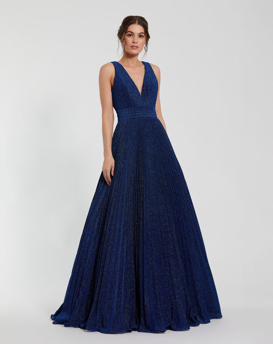 Navy Shimmering Pleated Sleeveless Gown