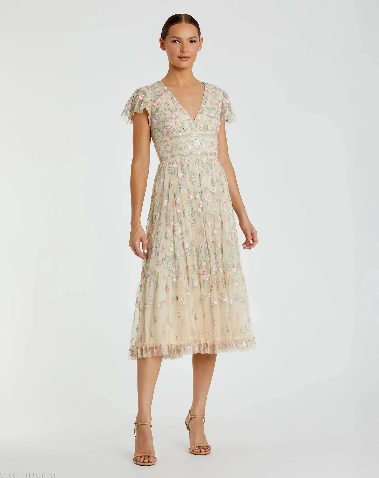 Beige Multicolor Embroidered V Neck Cap Sleeve Midi Dress - FINAL SALE