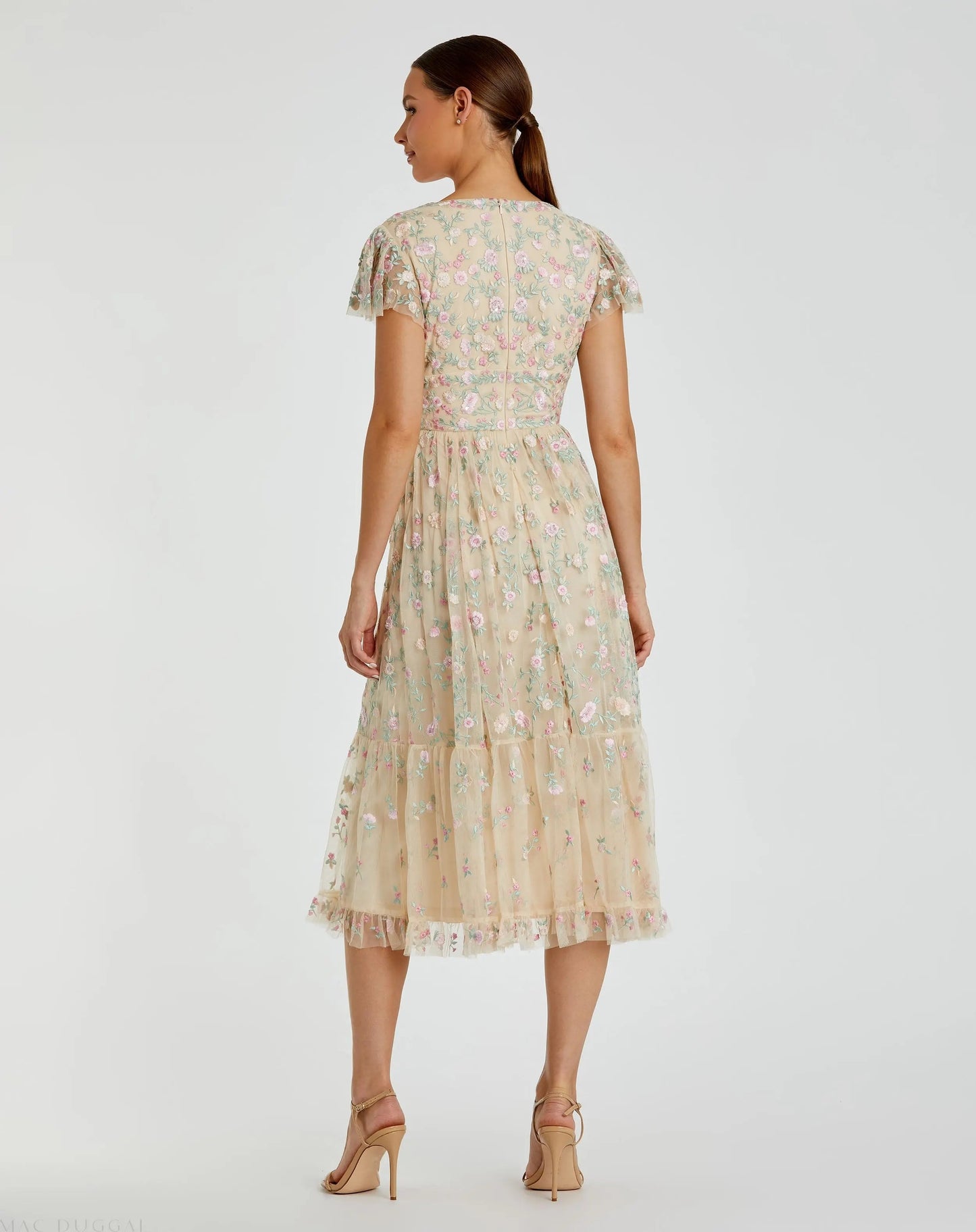 Beige Multicolor Embroidered V Neck Cap Sleeve Midi Dress - FINAL SALE