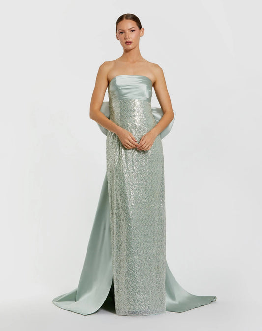 Green Strapless Embellished Gown With Back Bow Detail