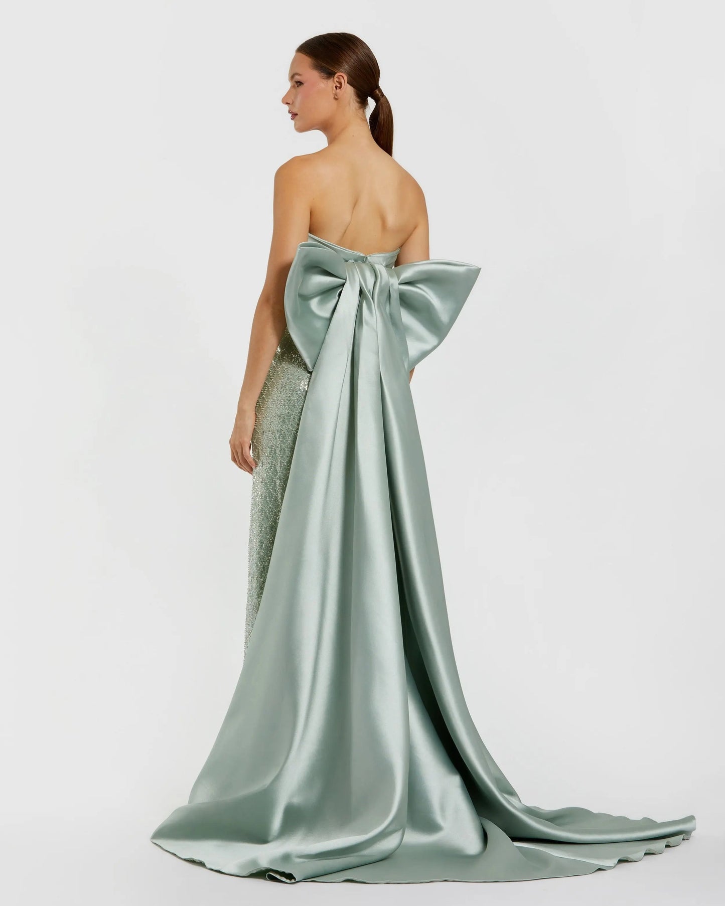 Green Strapless Embellished Gown With Back Bow Detail