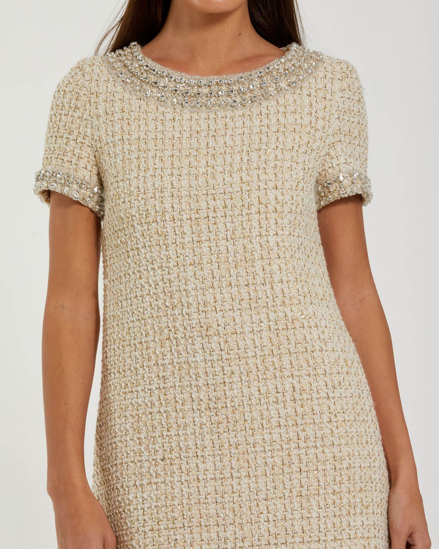 Ivory Short Sleeve Embellished Boucle Mini Dress