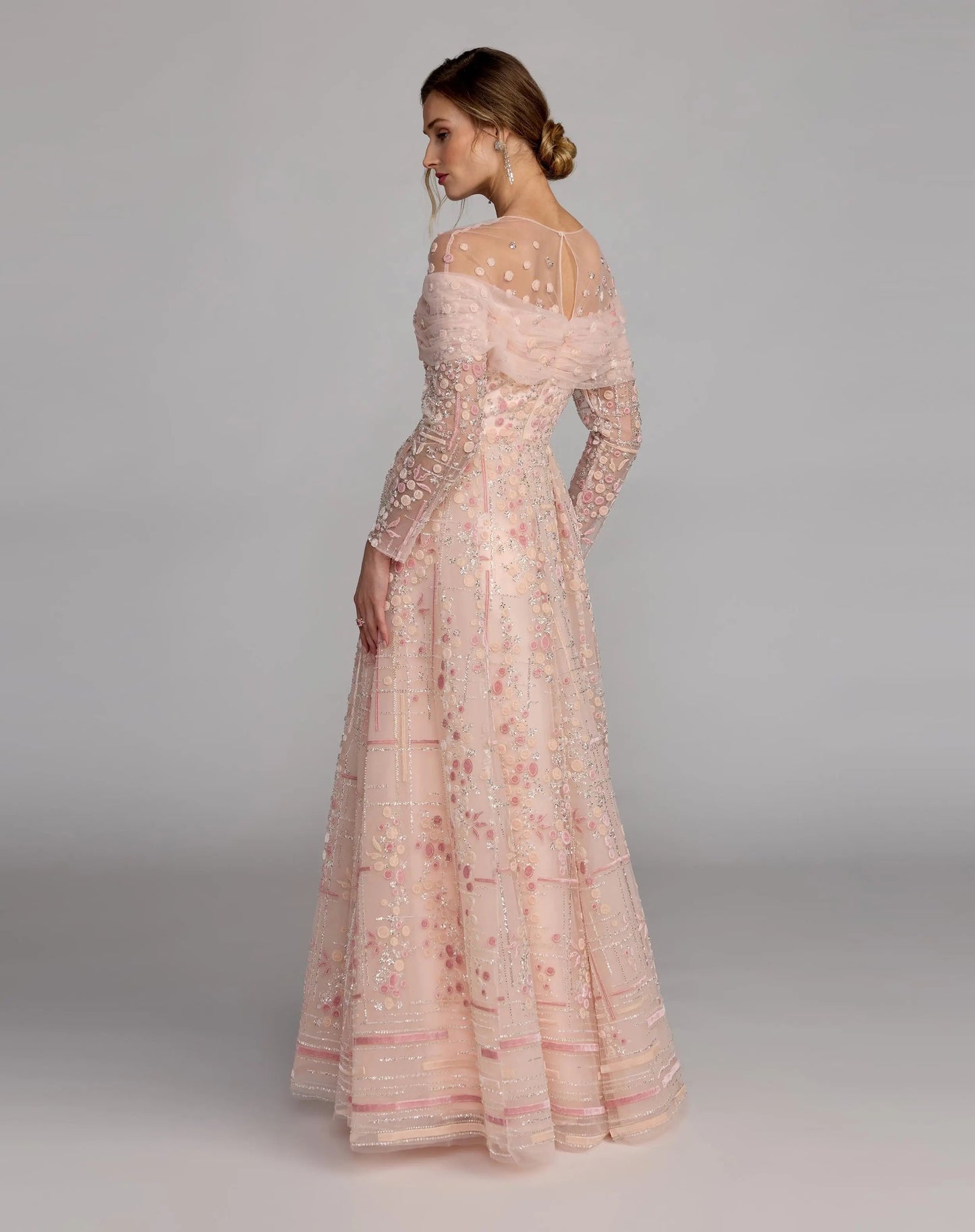 Pink Embroidered Illusion Long Sleeve Ball Gown