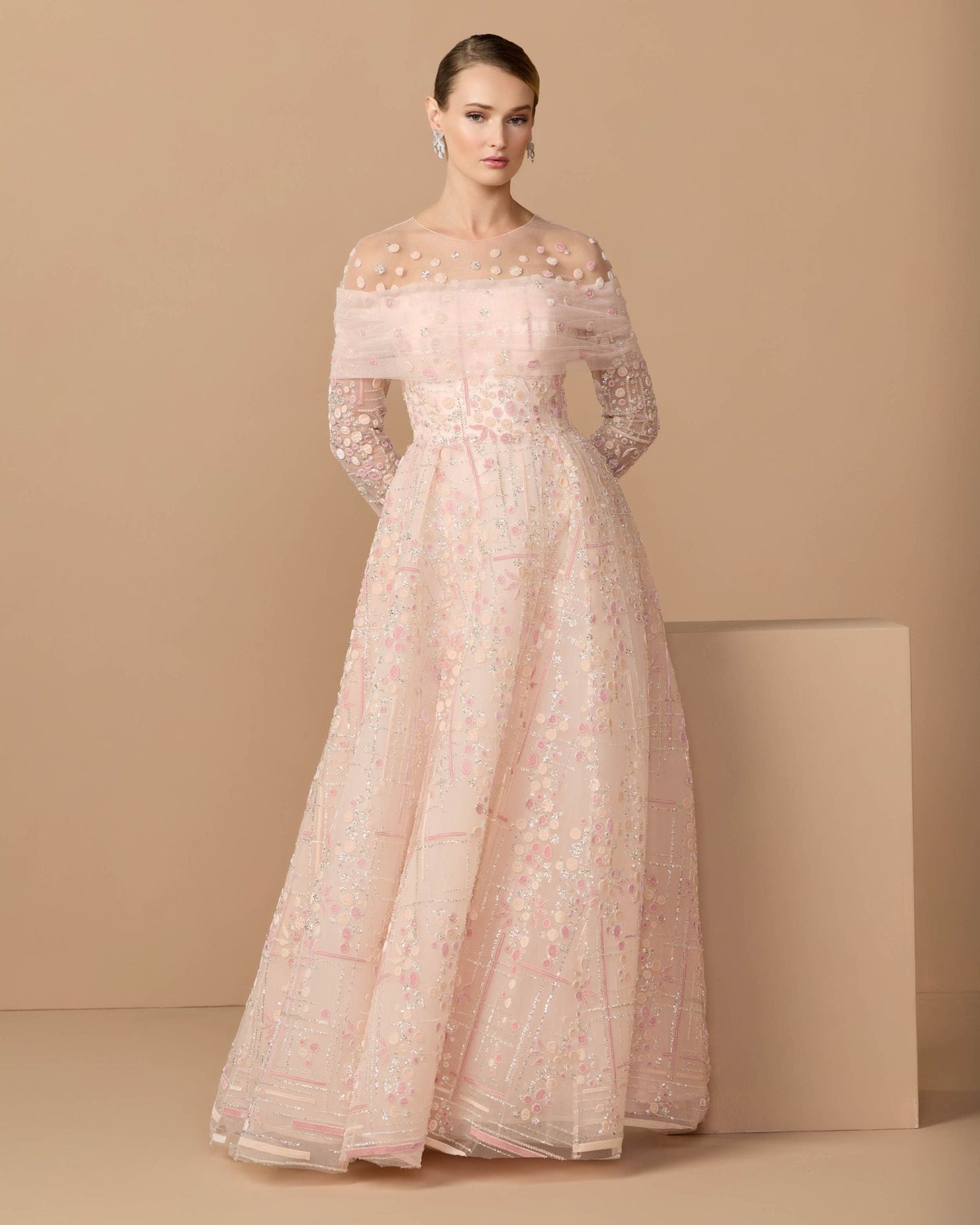 Pink Embroidered Illusion Long Sleeve Ball Gown