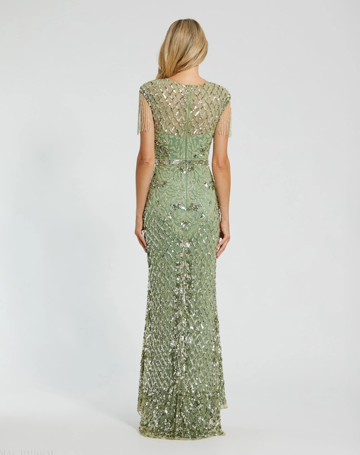 Green High Neck Beaded Fringe Fitted Gown