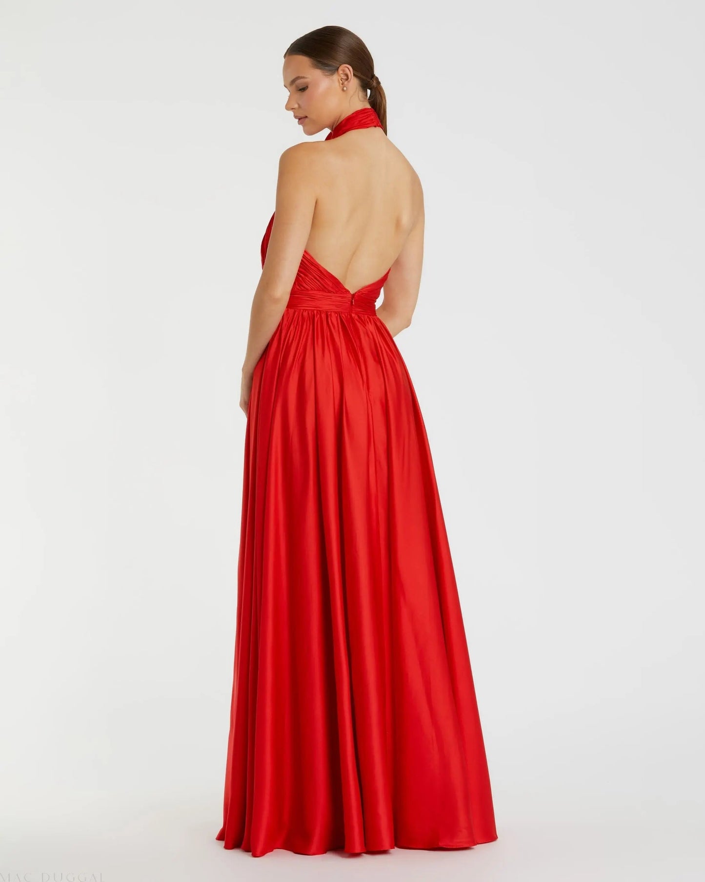 Red Soft Tie Halter Neck High Slit Gown
