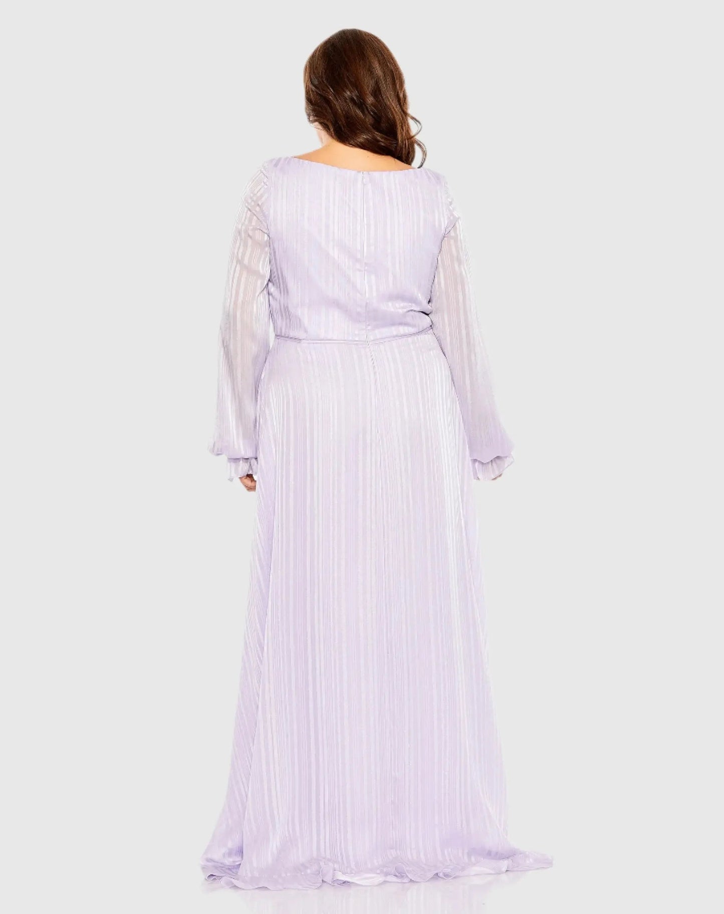 Purple Striped Faux Wrap Bishop Sleeve Gown (Plus)
