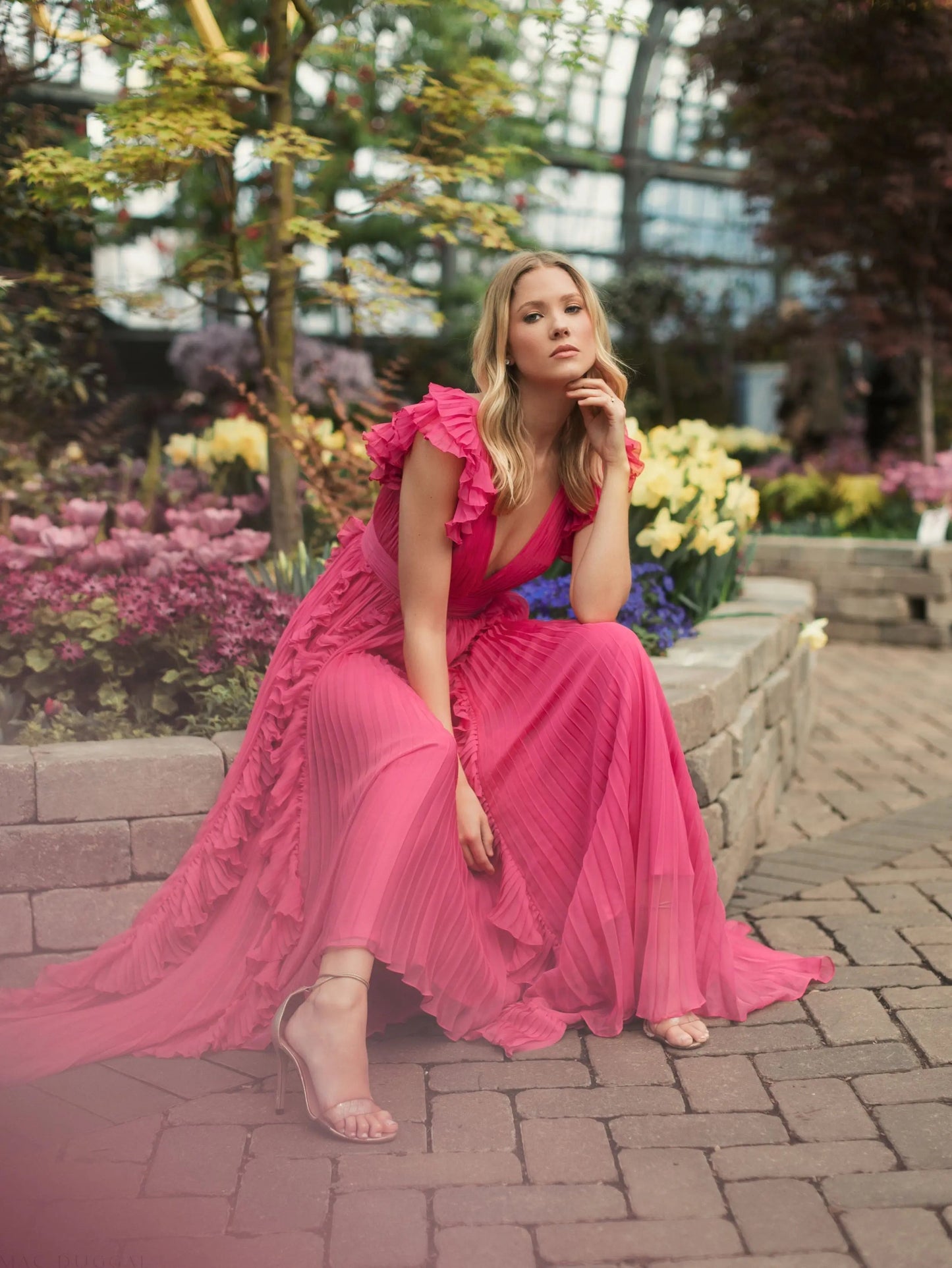 Pink Pleated Ruffle Cap Sleeve Flowy A Line Gown