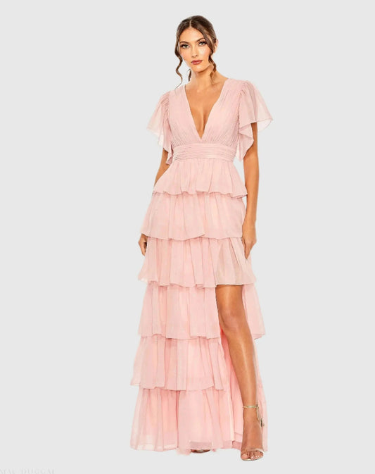 Pink Flutter Sleeve Ruffle Tiered Gown