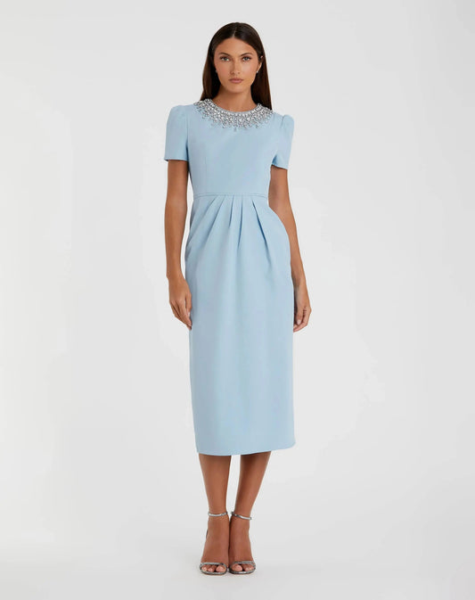 Blue Short Sleeve Rhinestone Neckline Sheath Dress