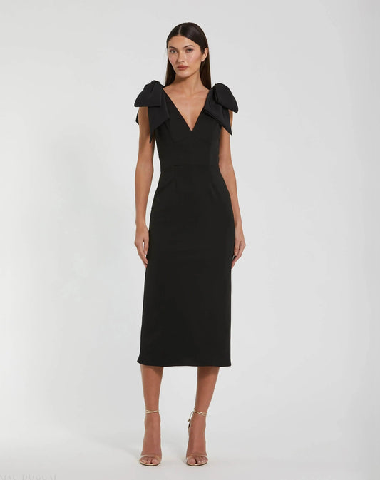 Black Bow Strap Crepe Fitted Midi Dress
