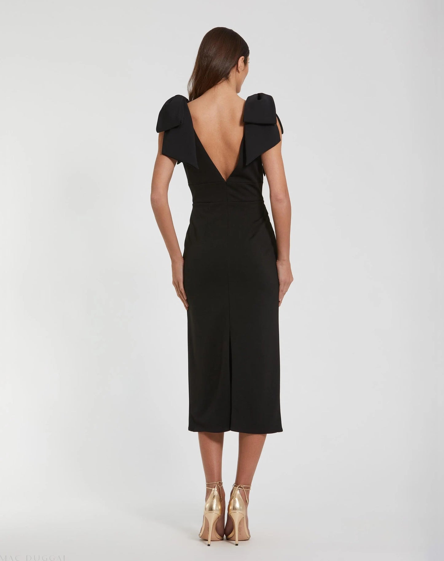 Black Bow Strap Crepe Fitted Midi Dress