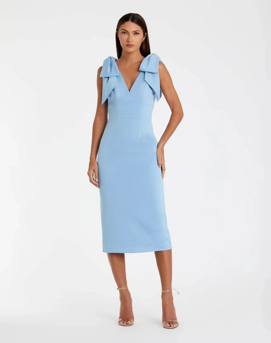 Blue Bow Strap Crepe Fitted Midi Dress