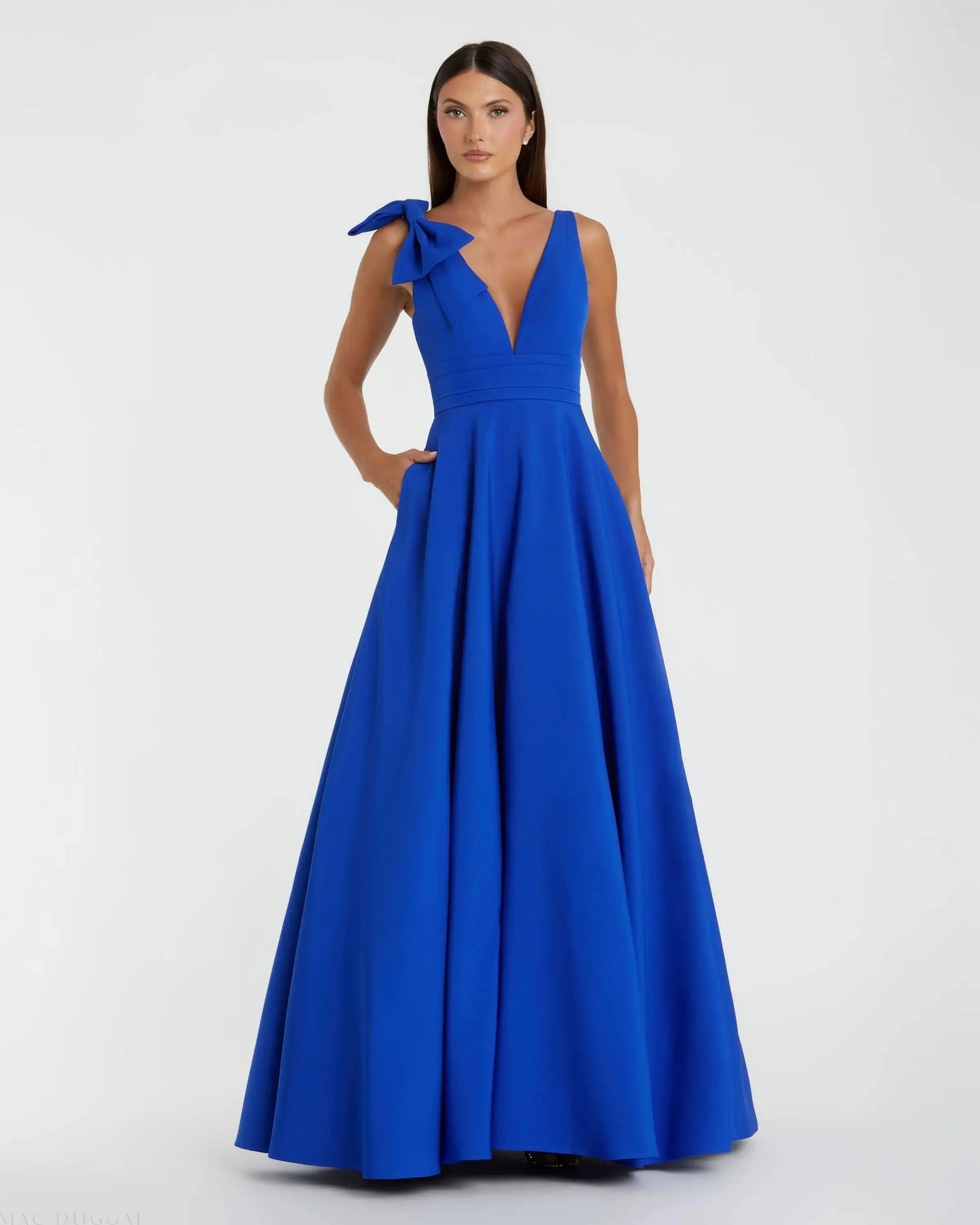Blue Sleeveless Plunge Neck Ball Gown With Bow Detail
