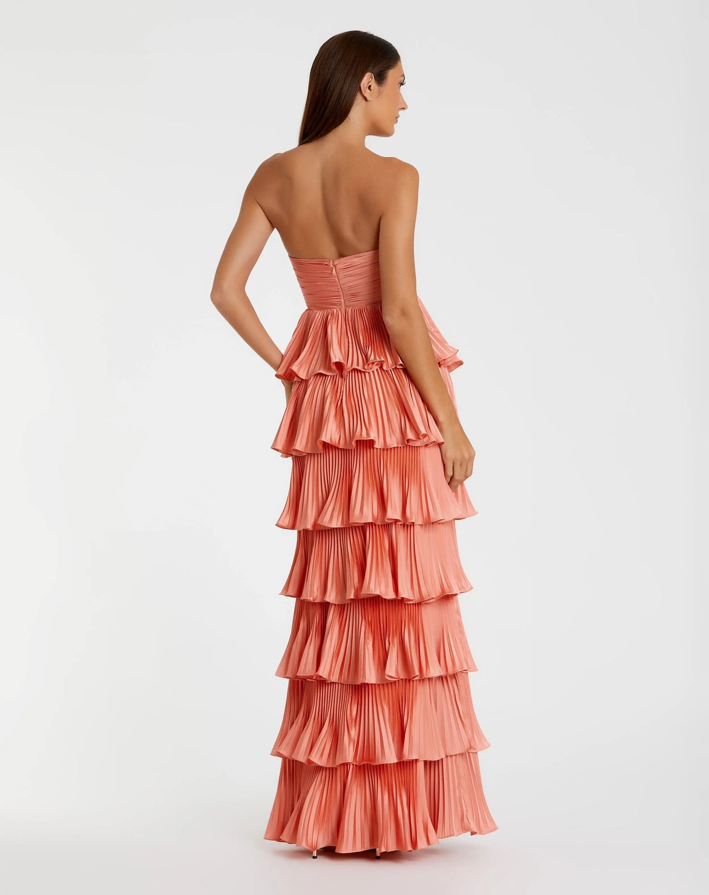Pink Pleated Charmeuse Strapless Tiered Ruffle Gown