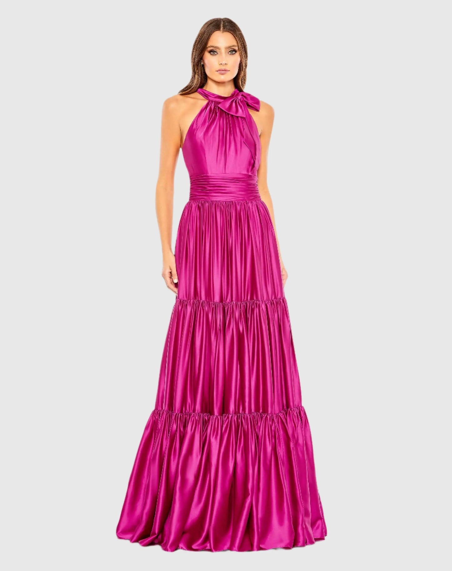 Pink Ruffle Tiered Soft Tie Halter Neck Gown