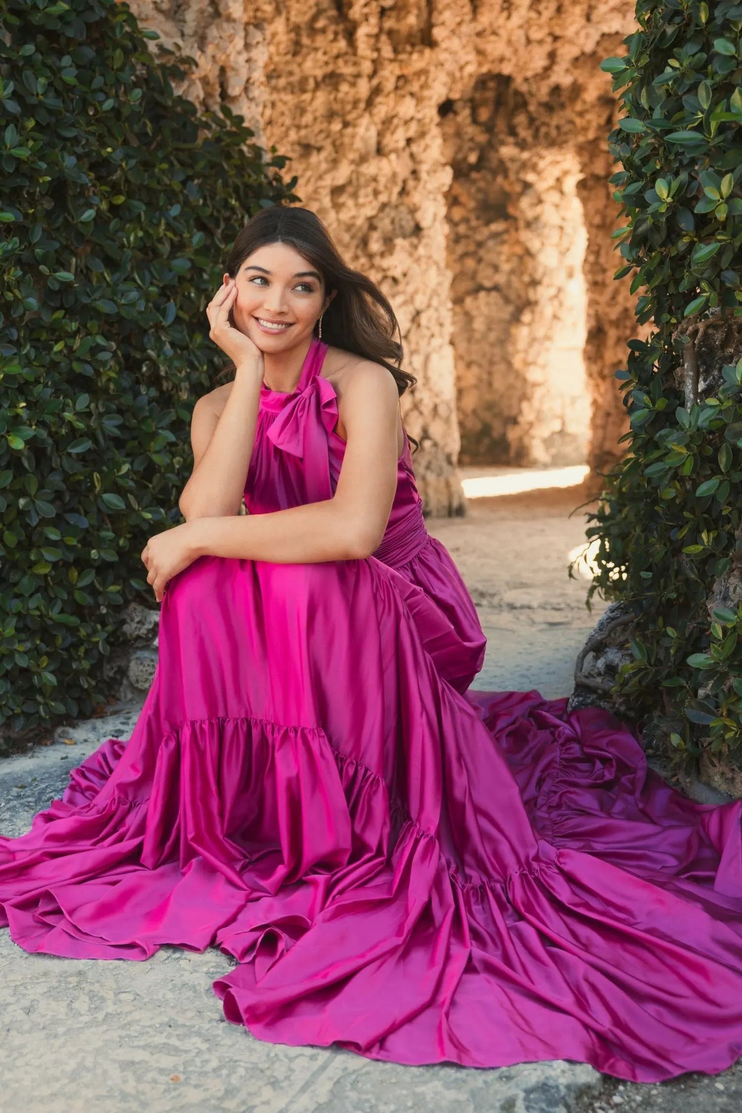 Pink Ruffle Tiered Soft Tie Halter Neck Gown