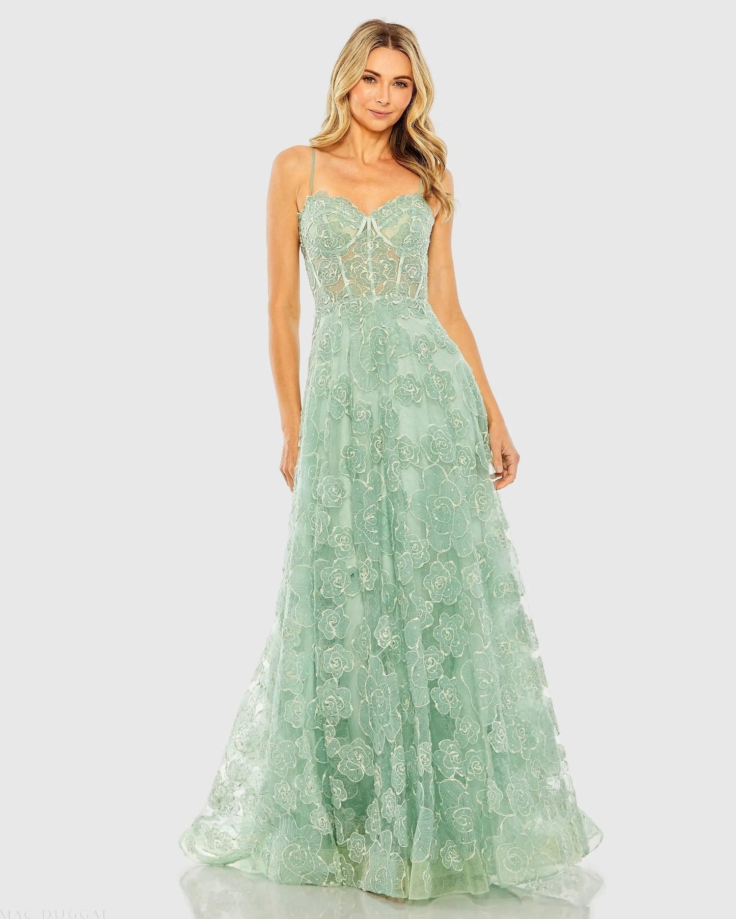 Green Embroidered Sweetheart Neck A-Line Gown